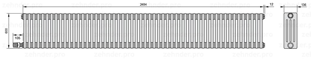 Схема (чертеж) Радиатор Zehnder Charleston 4060/54 №V003 Белый глянцевый RAL 9016